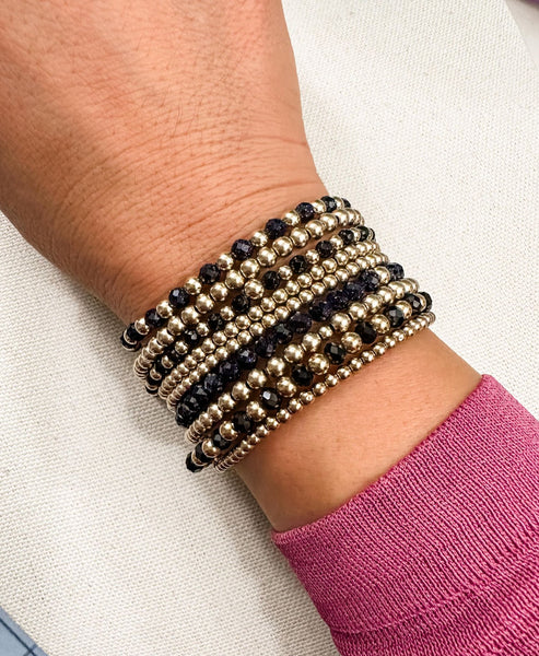 Bella Signature Midnight Black Crystal & 3mm Gold Beaded Bracelet