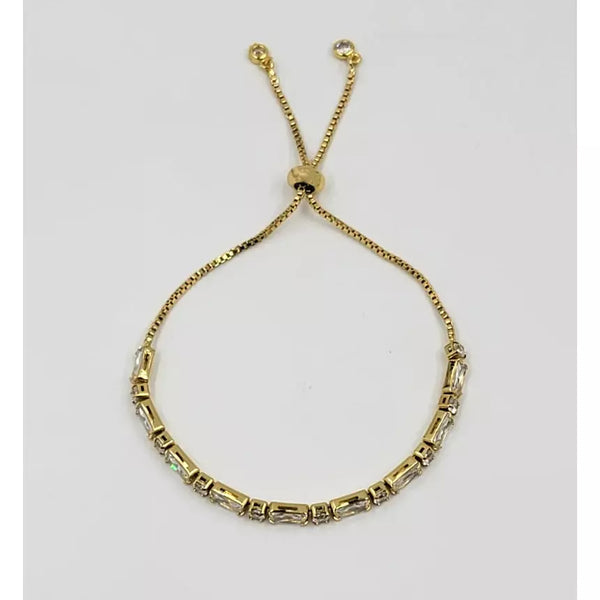 18K Gold Filled or Sterling Silver Round Baguette, Cubic Zirconia Adjustable Bracelet