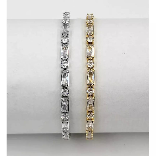 18K Gold Filled or Sterling Silver Round Baguette, Cubic Zirconia Adjustable Bracelet